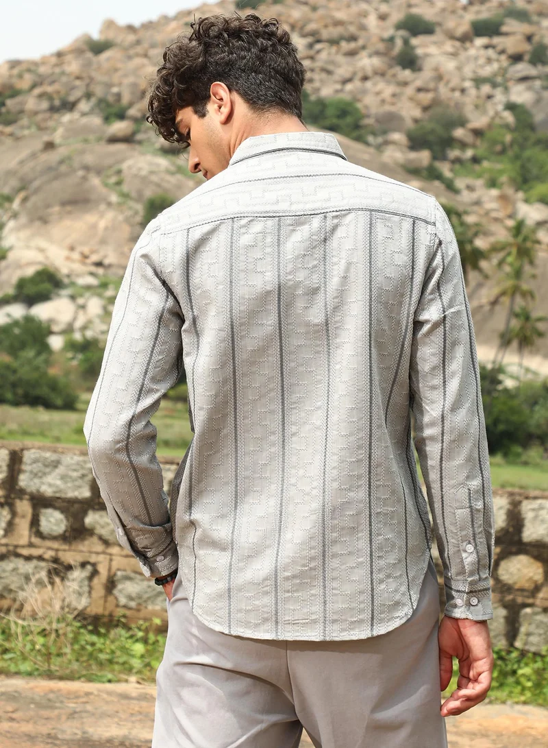 Campus Sutra Campus Sutra Men's Cloud Grey Geo-Stripe Jacquard Shirt | Button-Down Collar , Long Sleeve Cuffed Sleeves , Button Closure | Stripes Jacquard | Cotton-Blend Shirt For Casual Wear