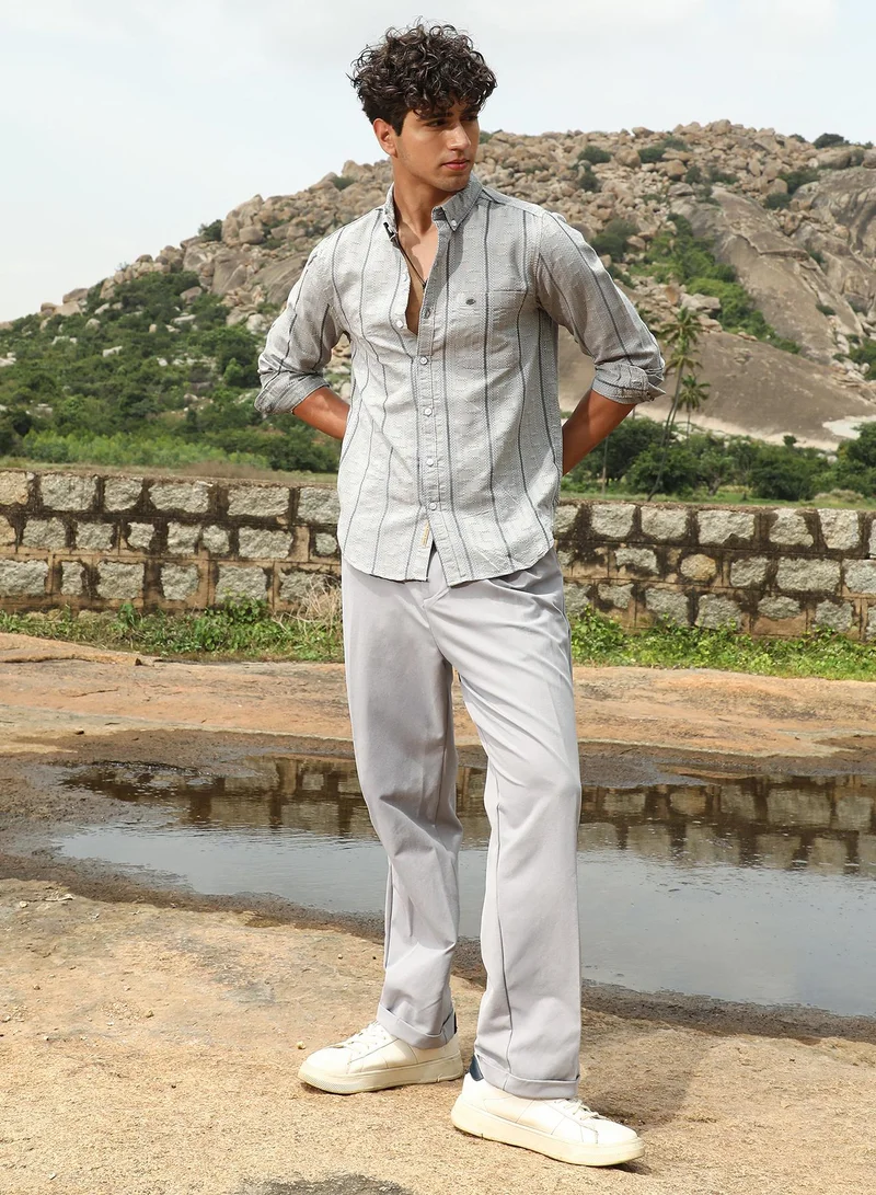 Campus Sutra Campus Sutra Men's Cloud Grey Geo-Stripe Jacquard Shirt | Button-Down Collar , Long Sleeve Cuffed Sleeves , Button Closure | Stripes Jacquard | Cotton-Blend Shirt For Casual Wear