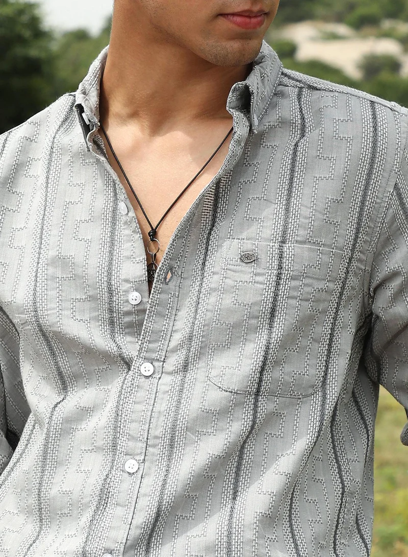 Campus Sutra Campus Sutra Men's Cloud Grey Geo-Stripe Jacquard Shirt | Button-Down Collar , Long Sleeve Cuffed Sleeves , Button Closure | Stripes Jacquard | Cotton-Blend Shirt For Casual Wear