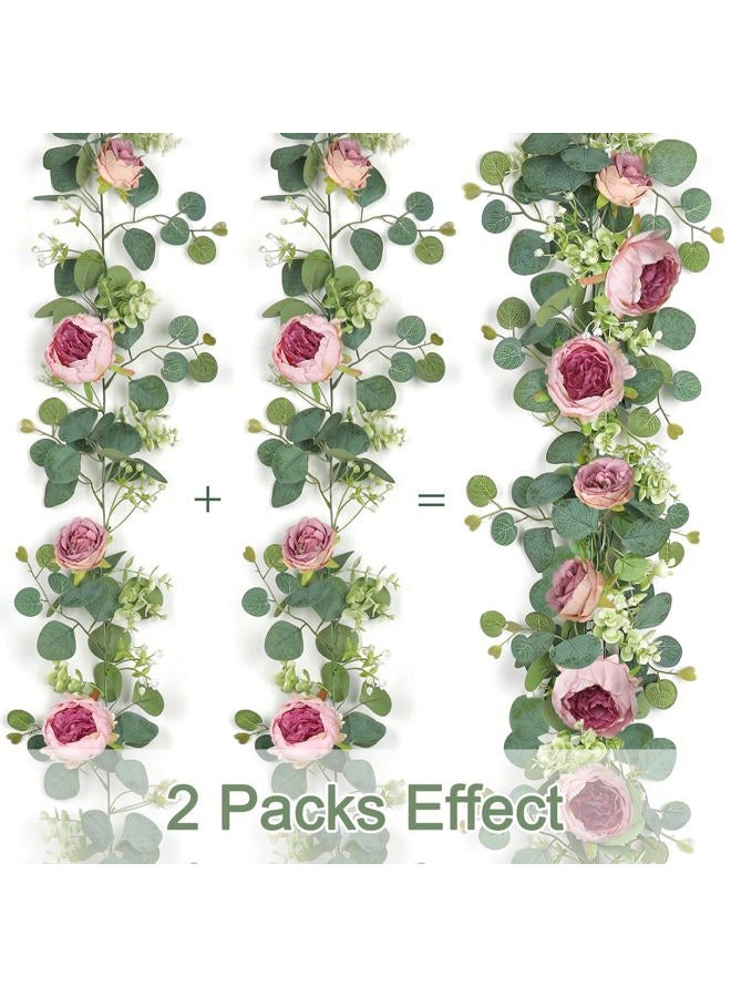 SOMYTING Artificial Flowers Garland 6FT Eucalyptus Flower Garland Vintage Peony Rose Vine Faux Floral Garland for Wedding Party Arch Table Wall Backdrop Decoration (Vintage Pink, 4PCS) - Image 4