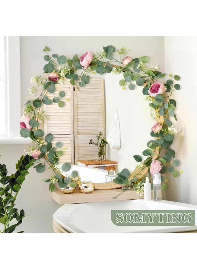 SOMYTING Artificial Flowers Garland 6FT Eucalyptus Flower Garland Vintage Peony Rose Vine Faux Floral Garland for Wedding Party Arch Table Wall Backdrop Decoration (Vintage Pink, 4PCS) - Image 2