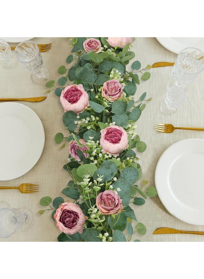 SOMYTING Artificial Flowers Garland 6FT Eucalyptus Flower Garland Vintage Peony Rose Vine Faux Floral Garland for Wedding Party Arch Table Wall Backdrop Decoration (Vintage Pink, 4PCS) - Image 5