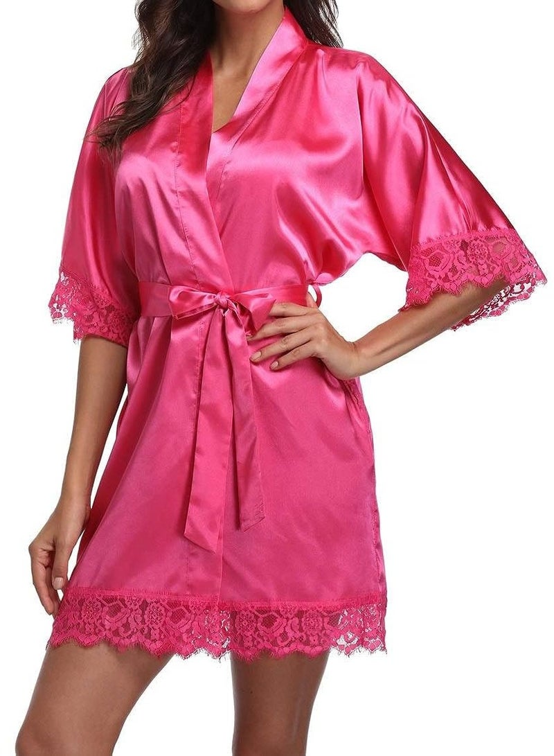 VITION ملابس داخلية نسائية للبنات، ملابس نوم شهر العسل، ملابس داخلية من الدانتيل، ملابس نوم، فستان نوم، شبكة، ملابس نوم ماكسي، رداء ناعم من الحرير (كبير) وردي - Image 3