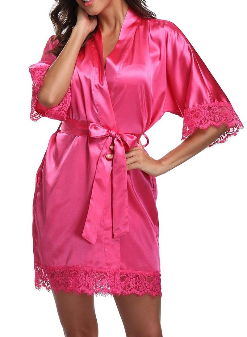 VITION ملابس داخلية نسائية للبنات، ملابس نوم شهر العسل، ملابس داخلية من الدانتيل، ملابس نوم، فستان نوم، شبكة، ملابس نوم ماكسي، رداء ناعم من الحرير (كبير) وردي - Image 5