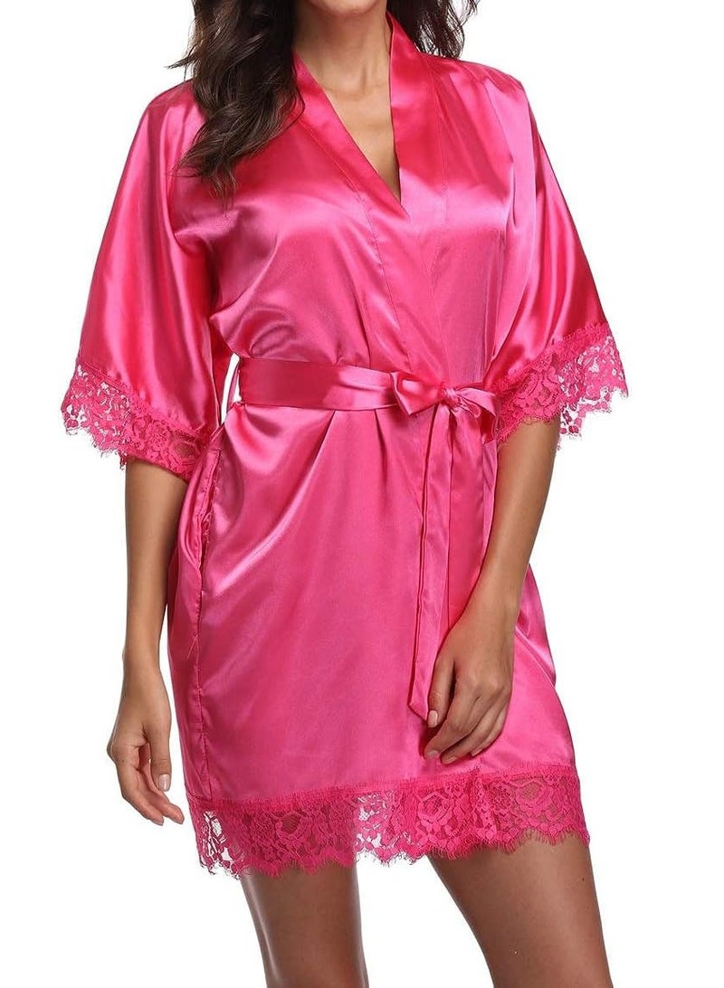 VITION ملابس داخلية نسائية للبنات، ملابس نوم شهر العسل، ملابس داخلية من الدانتيل، ملابس نوم، فستان نوم، شبكة، ملابس نوم ماكسي، رداء ناعم من الحرير (كبير) وردي - Image 4