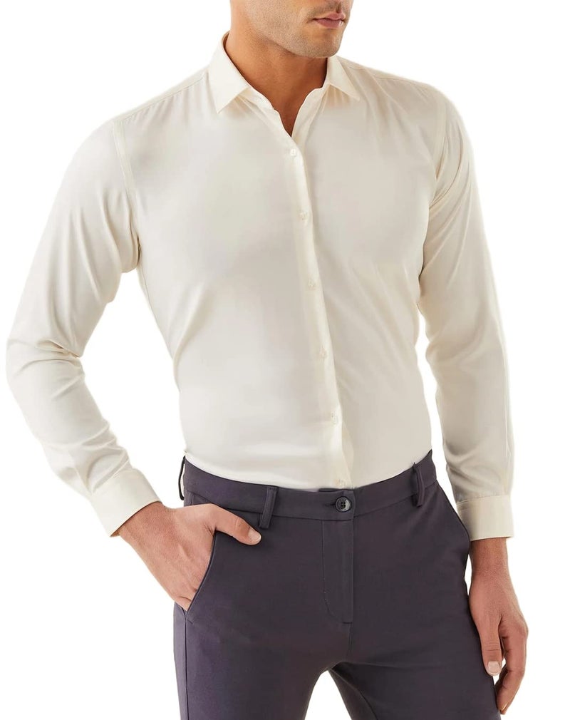 Bowrain Men's Regular fit Full Sleeves Satin Shirts, (Off-White/Cream), (Large) - Image 3