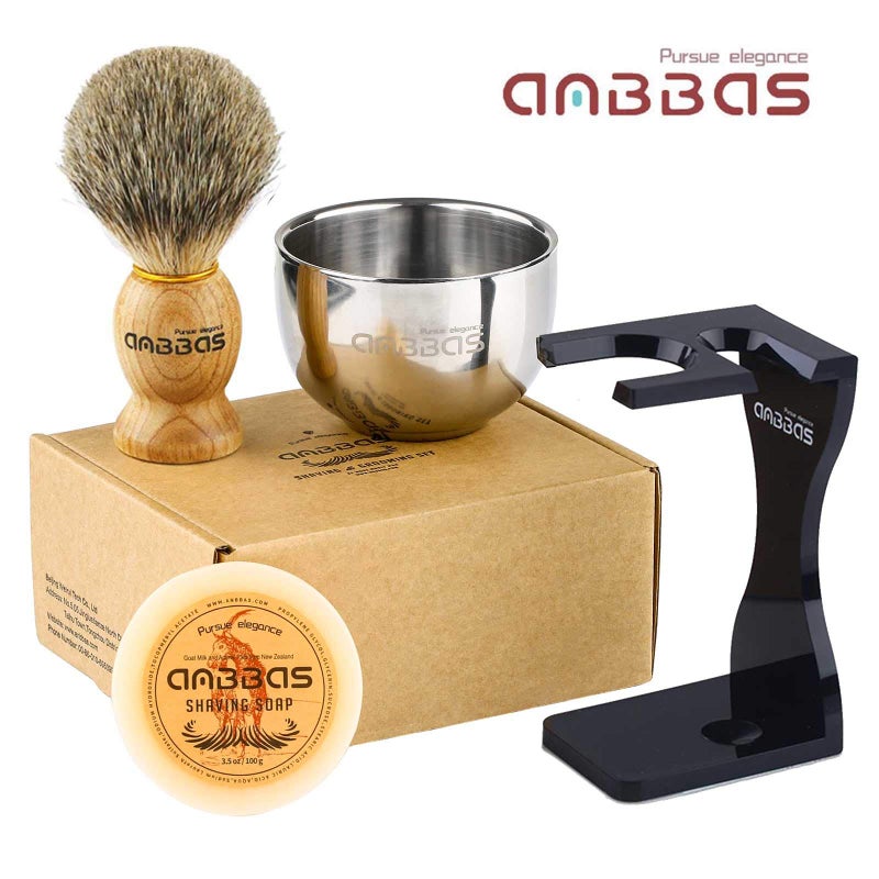 Anbbas Pure Badger Hair Shaving Brush Solid Manchurian Ash Wood Handle,Black Broken-Resistant Acrylic Shaving Stand,Stainless Steel Shaving Bowl Dia 3.2 inch and Goat Milk Soap 100g 4IN1 Set for Men - Image 2