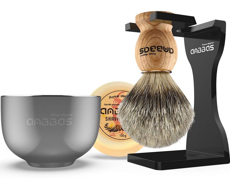 Anbbas Pure Badger Hair Shaving Brush Solid Manchurian Ash Wood Handle,Black Broken-Resistant Acrylic Shaving Stand,Stainless Steel Shaving Bowl Dia 3.2 inch and Goat Milk Soap 100g 4IN1 Set for Men - Image 1