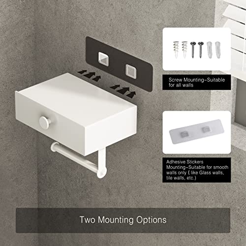 VOLDRA Toilet Paper Holder with Shelf White Wipes Dispenser for Bathroom Toilet Paper Holder with Storage Upgrade Drawer Design Toilet Tissue Holder Adhesive Small Bathroom Shelf Wall Mount - Image 5