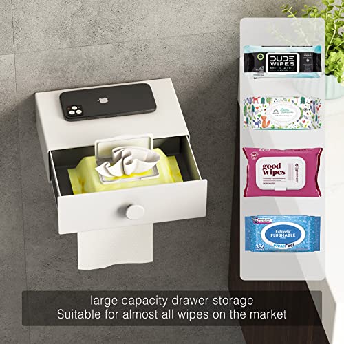 VOLDRA Toilet Paper Holder with Shelf White Wipes Dispenser for Bathroom Toilet Paper Holder with Storage Upgrade Drawer Design Toilet Tissue Holder Adhesive Small Bathroom Shelf Wall Mount - Image 2