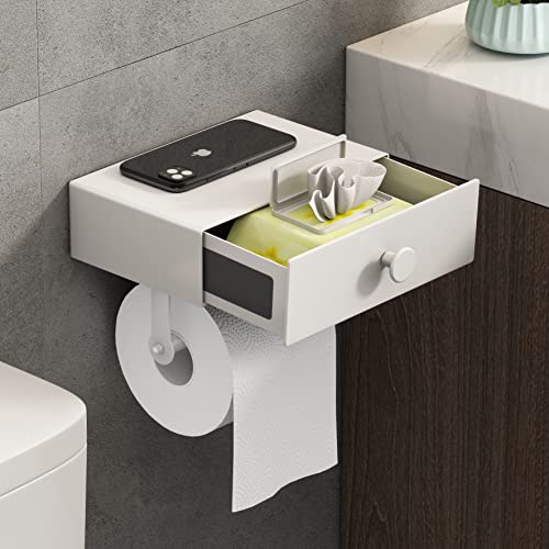 VOLDRA Toilet Paper Holder with Shelf White Wipes Dispenser for Bathroom Toilet Paper Holder with Storage Upgrade Drawer Design Toilet Tissue Holder Adhesive Small Bathroom Shelf Wall Mount - Image 1