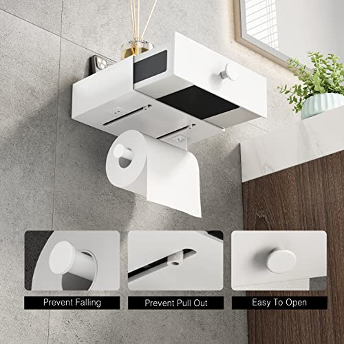 VOLDRA Toilet Paper Holder with Shelf White Wipes Dispenser for Bathroom Toilet Paper Holder with Storage Upgrade Drawer Design Toilet Tissue Holder Adhesive Small Bathroom Shelf Wall Mount - Image 3