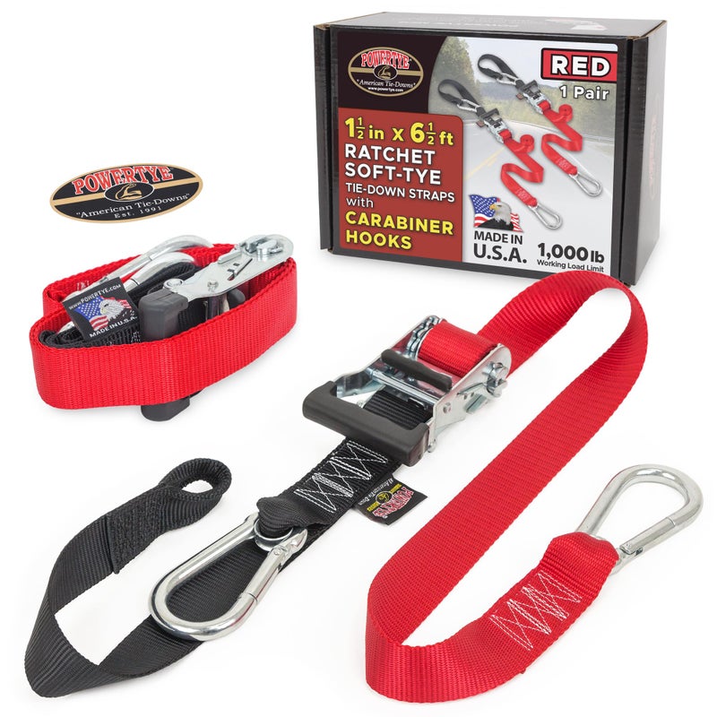 PowerTye 15in x 65ft Heavy Duty Ratchet TieDown Straps with SoftTye and Carabiner Hooks 1000 lb Working Load Limit 3000 lb Breaking Strength Made in USA RedBlack Pair