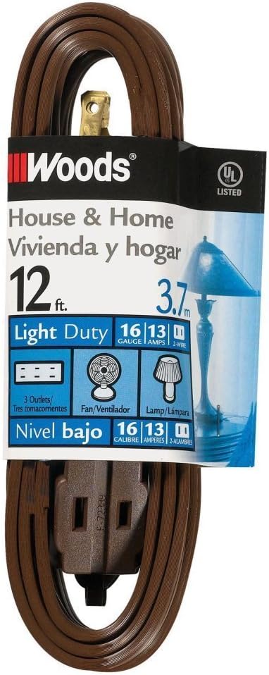 Woods Woods Light Duty Extension Cord 12Ft 16 Gauge SPT2 3 Outlet Cube Tap Indoor Cord Brown 0602 