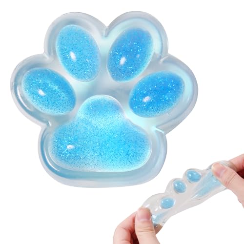 JIACAI 1pcs Blue Squishy Cat Paw Squeeze Toys Ice Through Sparkling Powder Kawaii Sticky Squishies PVC Toys Stress Relieving Fur Ball OPP Packaging Gifts for Kids Teenage 1pcs Blue - Image 1
