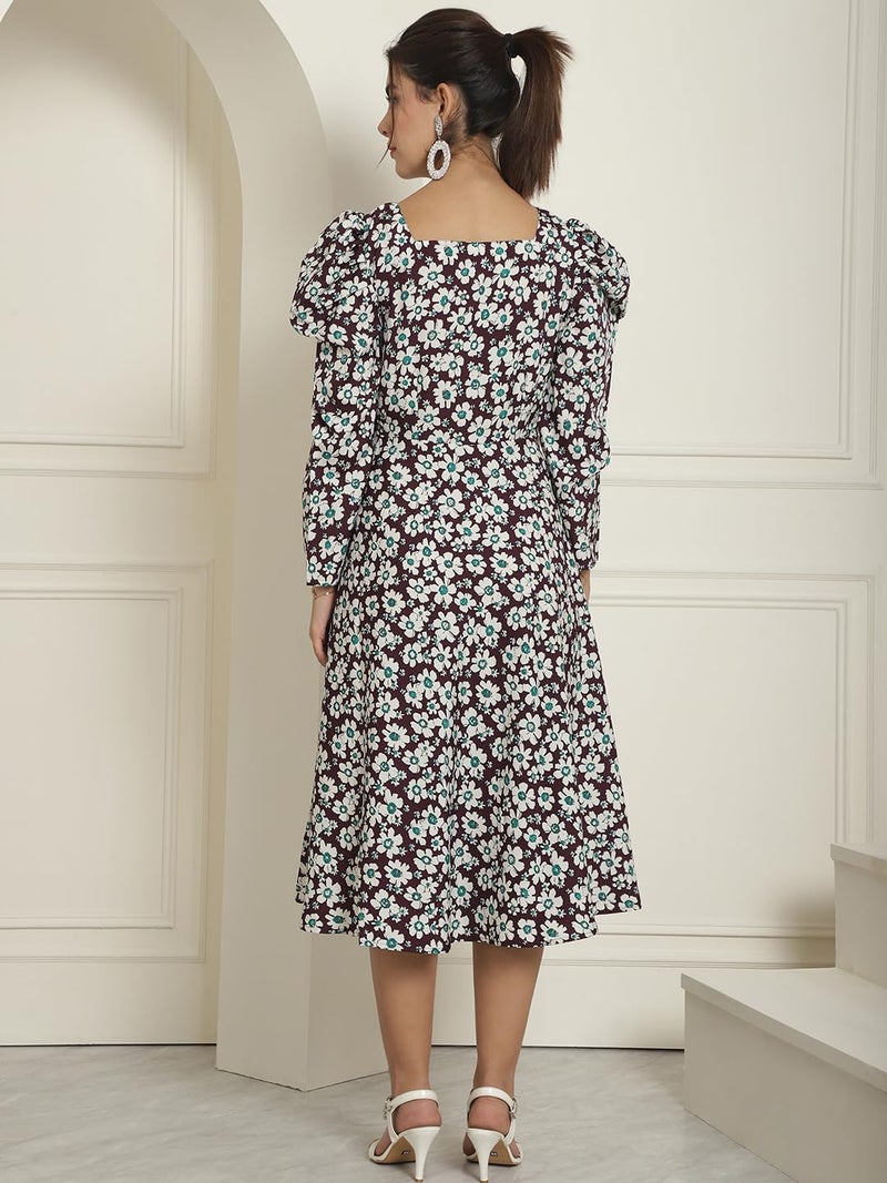 Indian Needle Women's Floral Print Square Neck Puff Sleeved Flared Maxi Dress - Image 2