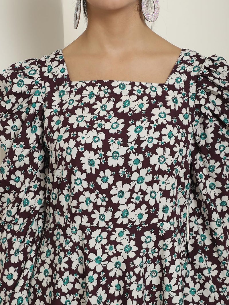 Indian Needle Women's Floral Print Square Neck Puff Sleeved Flared Maxi Dress - Image 5