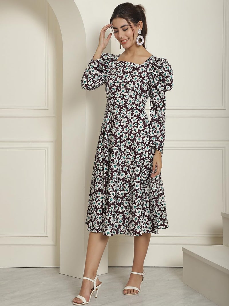 Indian Needle Women's Floral Print Square Neck Puff Sleeved Flared Maxi Dress - Image 3