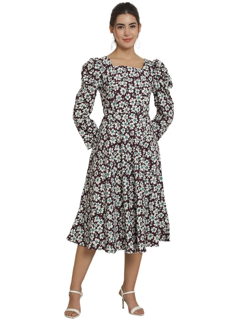 Indian Needle Women's Floral Print Square Neck Puff Sleeved Flared Maxi Dress - Image 1