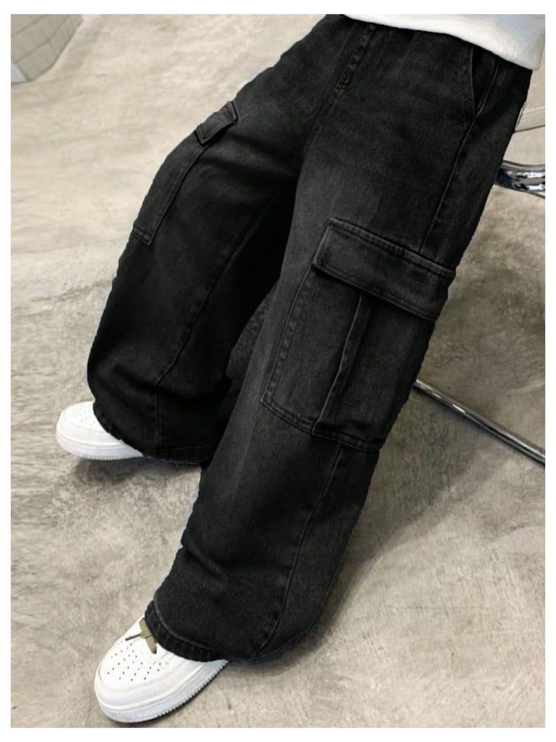 Verdusa Boys Jeans Baggy Vintage Straight Leg Denim Cargo Pants with Pockets 8-14 Years Black 10 Years - Image 5