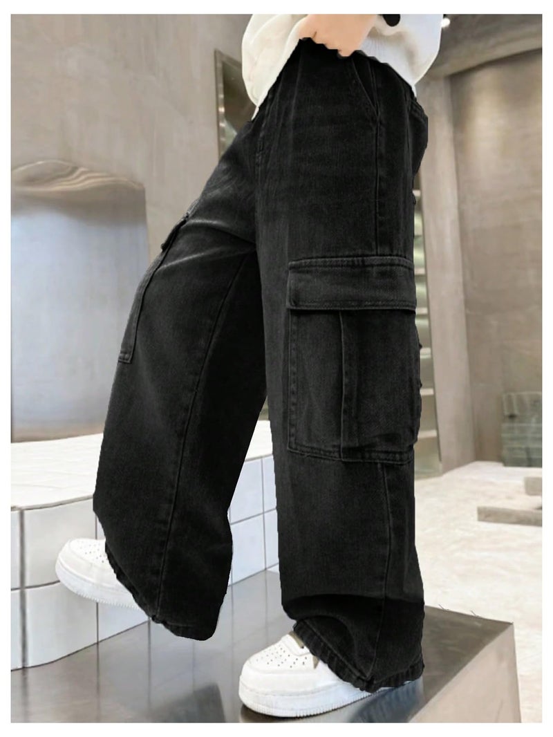 Verdusa Boys Jeans Baggy Vintage Straight Leg Denim Cargo Pants with Pockets 8-14 Years Black 10 Years - Image 2