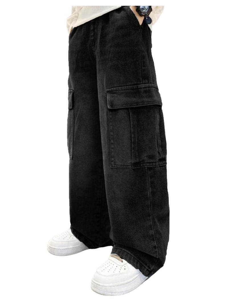 Verdusa Boys Jeans Baggy Vintage Straight Leg Denim Cargo Pants with Pockets 8-14 Years Black 10 Years - Image 1