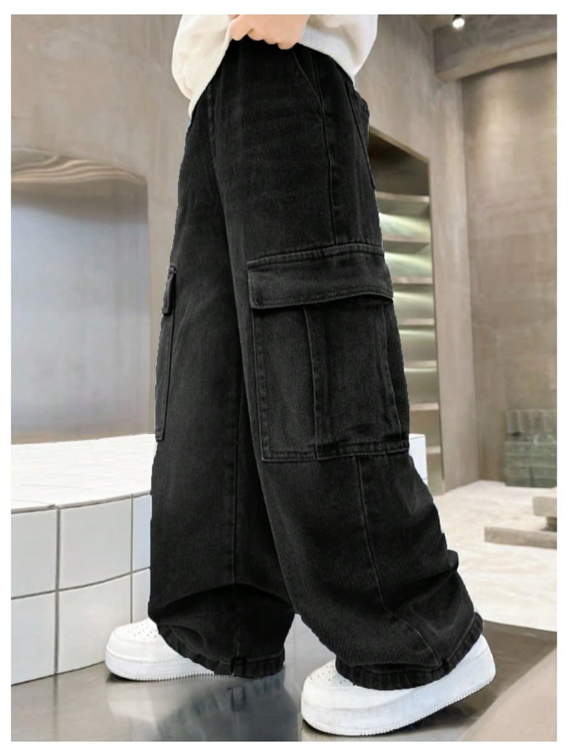 Verdusa Boys Jeans Baggy Vintage Straight Leg Denim Cargo Pants with Pockets 8-14 Years Black 10 Years - Image 4