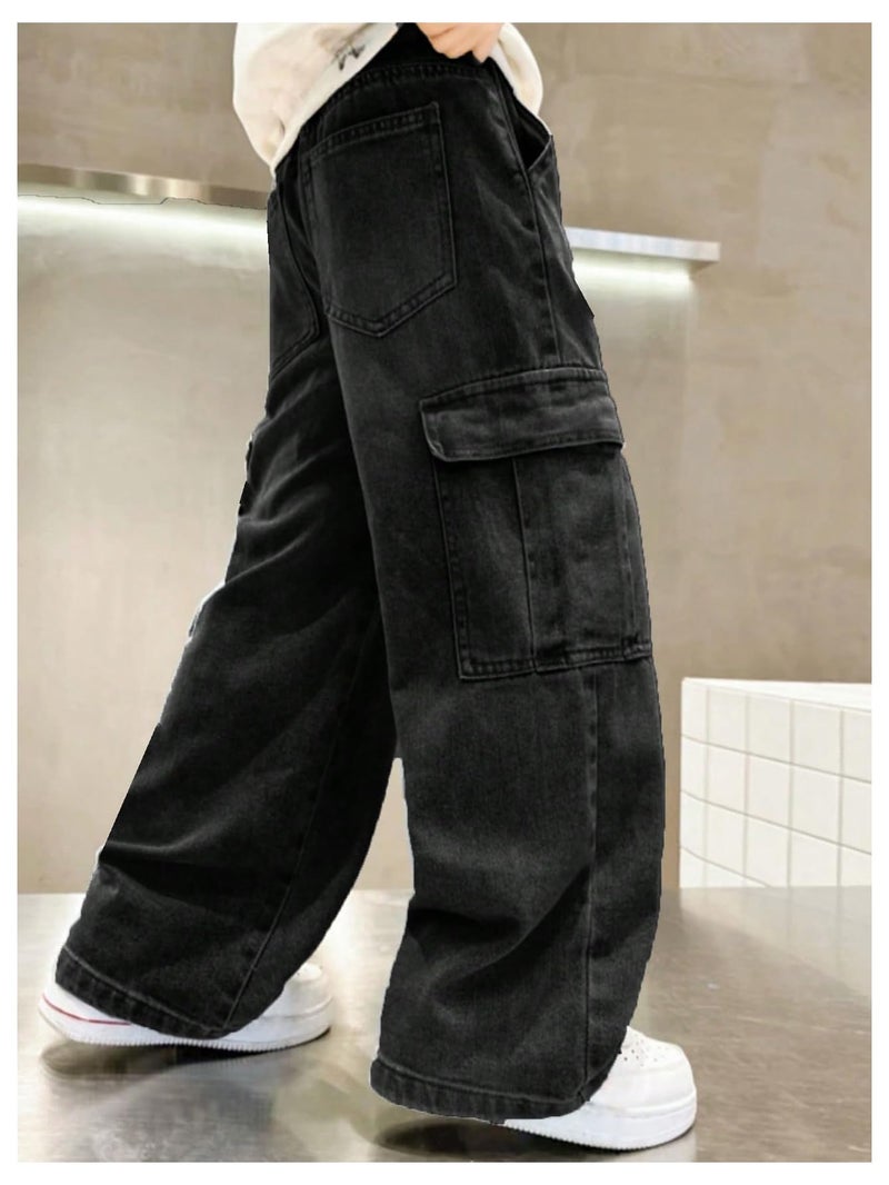 Verdusa Boys Jeans Baggy Vintage Straight Leg Denim Cargo Pants with Pockets 8-14 Years Black 10 Years - Image 3