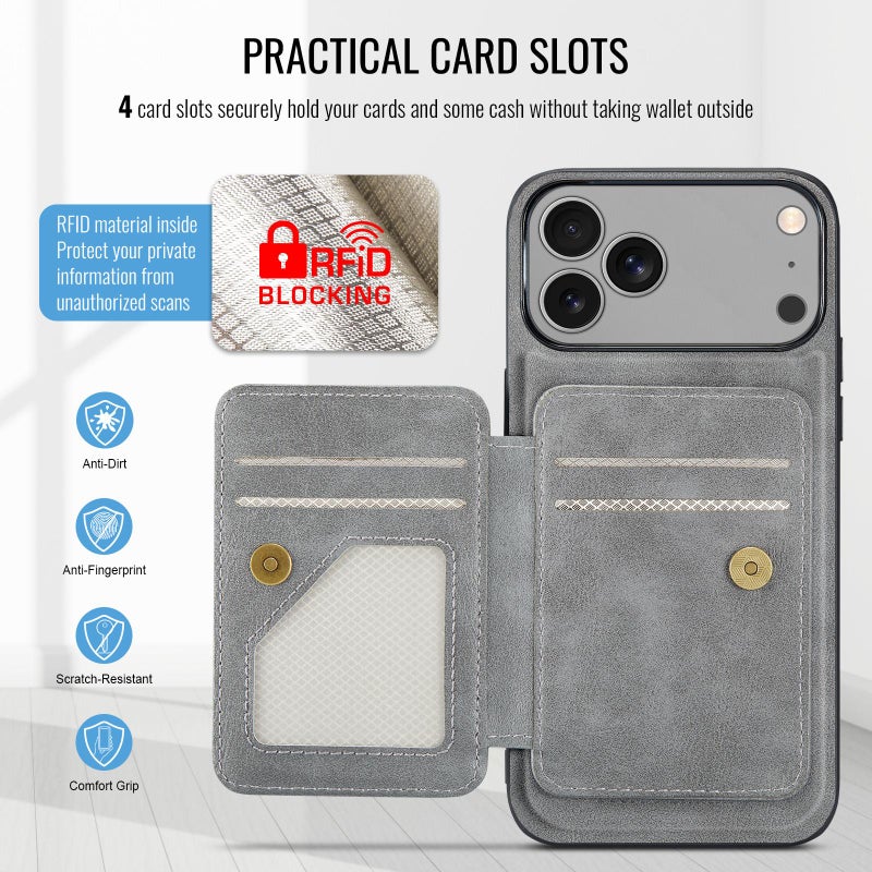 For Iphone 17 Pro Oil Wax Cow Leather Card Holder Back Phone Case(Grey) - Image 4