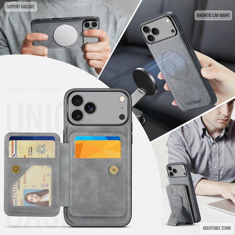 For Iphone 17 Pro Oil Wax Cow Leather Card Holder Back Phone Case(Grey) - Image 3