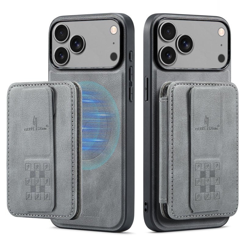 For Iphone 17 Pro Oil Wax Cow Leather Card Holder Back Phone Case(Grey) - Image 2