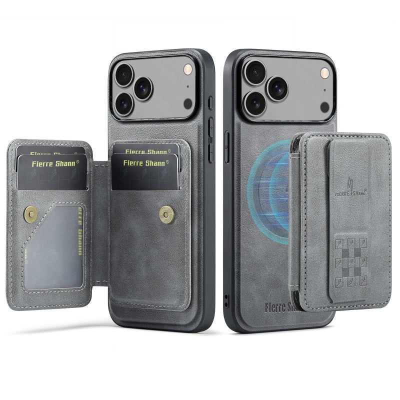 For Iphone 17 Pro Oil Wax Cow Leather Card Holder Back Phone Case(Grey) - Image 1