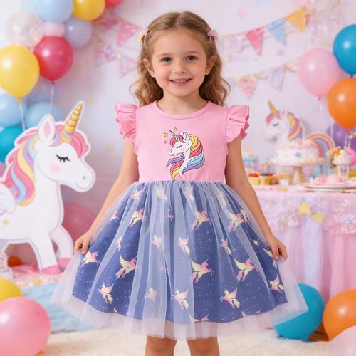 RETSUGO Toddler Tulle Tutu Dress Unicorn Birthday Outfit for Girls Flutter Sleeve Rainbow Unicorn Outfit Party Princess Tutu School Dresses Easter Pink 6-7t 1315 - Image 2