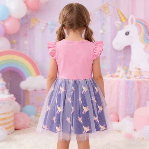 RETSUGO Toddler Tulle Tutu Dress Unicorn Birthday Outfit for Girls Flutter Sleeve Rainbow Unicorn Outfit Party Princess Tutu School Dresses Easter Pink 6-7t 1315 - Image 3