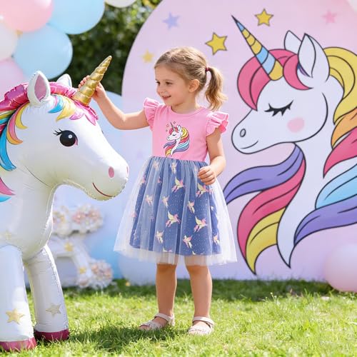 RETSUGO Toddler Tulle Tutu Dress Unicorn Birthday Outfit for Girls Flutter Sleeve Rainbow Unicorn Outfit Party Princess Tutu School Dresses Easter Pink 6-7t 1315 - Image 4