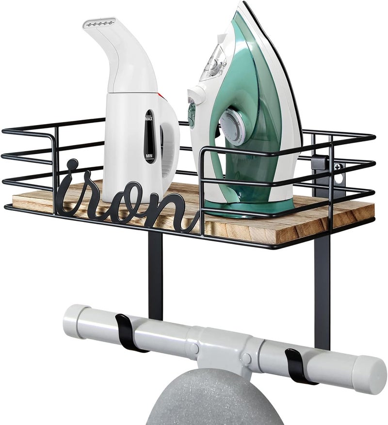 TJMOREE Hanger wall mount - Laundry Room Iron and ironing board Holder, Metal with Large Storage Wooden Base Basket and Removable Hooks (Black) - Image 1