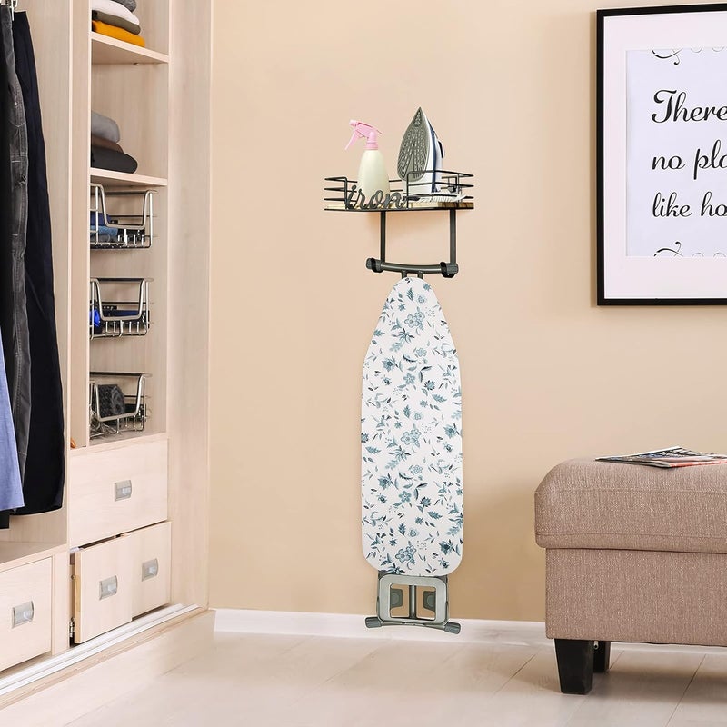 TJMOREE Hanger wall mount - Laundry Room Iron and ironing board Holder, Metal with Large Storage Wooden Base Basket and Removable Hooks (Black) - Image 4