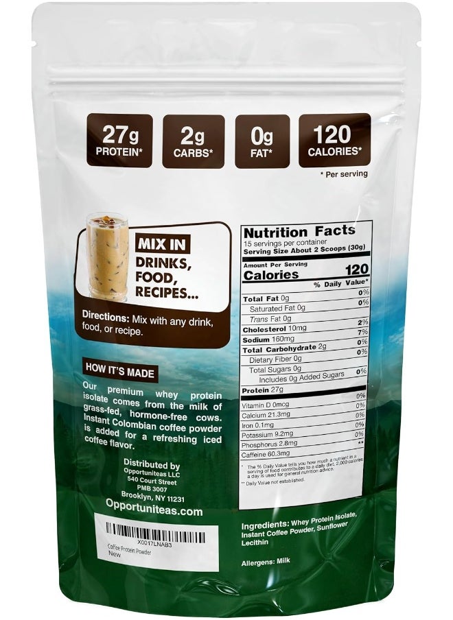Opportuniteas Coffee Whey Protein Powder - Low Carb & Keto Friendly - Grass Fed Whey Isolate + Colombian Coffee - 60 Mg Caffeine For Energy - Pre Or Post Workout Drink Mix, Latte, Shake & Smoothie - 1 Pound  - Image 2