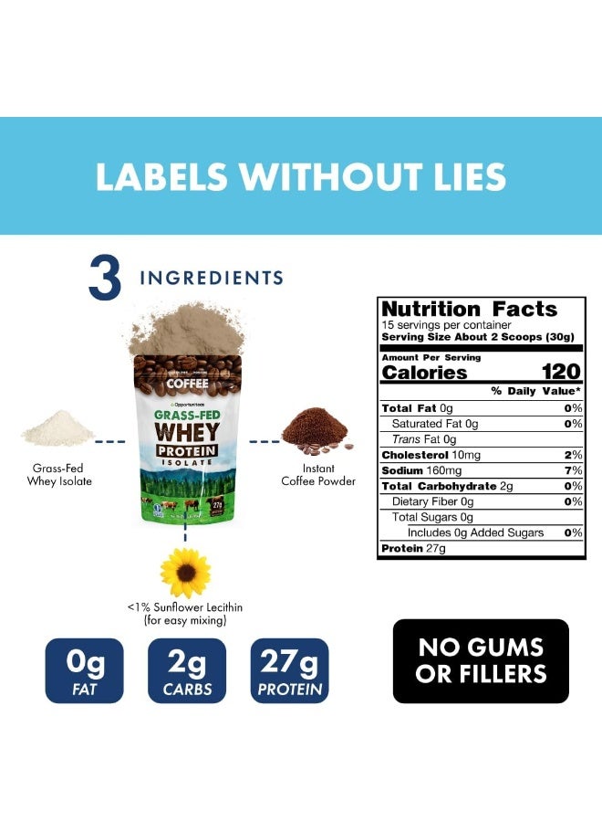 Coffee Whey Protein Powder - Low Carb & Keto Friendly - Grass Fed Whey Isolate + Colombian Coffee - 60 Mg Caffeine For Energy - Pre Or Post Workout Drink Mix, Latte, Shake & Smoothie - 1 Pound