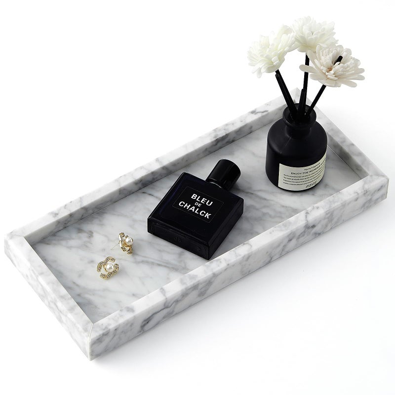 Zilukar Real Natural Small Marble Tray for Bathroom, Vanity, Kitchen and Desktop, Rectangle Genuine Marble Stone Tray for Jewelry, Cosmetics, Candles, Lotion, Perfume and Home Decor (White, 12" x 5" x 1.2") - Image 1