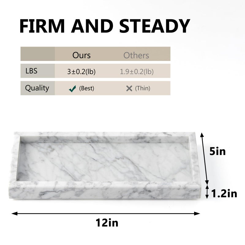 Zilukar Real Natural Small Marble Tray for Bathroom, Vanity, Kitchen and Desktop, Rectangle Genuine Marble Stone Tray for Jewelry, Cosmetics, Candles, Lotion, Perfume and Home Decor (White, 12" x 5" x 1.2") - Image 2