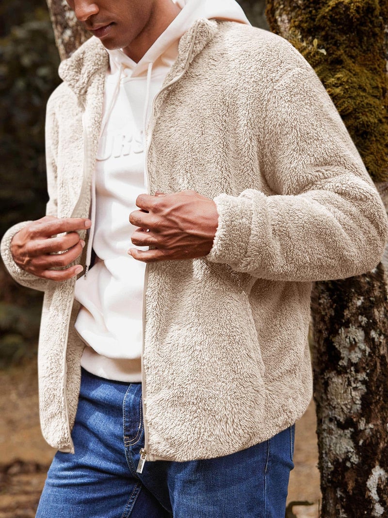 Runcati Mens Fuzzy Sherpa Jacket Cardigan Fleece Long Sleeve Full Zip Open Front Thermal Coat Fall Winter Outwear - Image 2