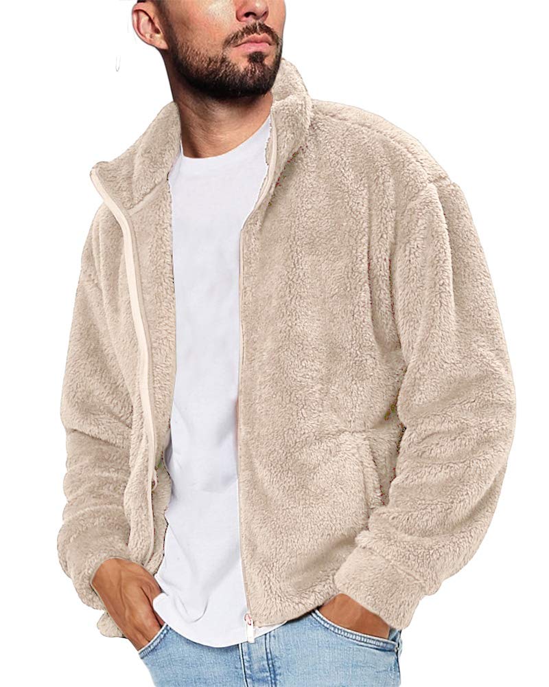 Runcati Mens Fuzzy Sherpa Jacket Cardigan Fleece Long Sleeve Full Zip Open Front Thermal Coat Fall Winter Outwear - Image 1