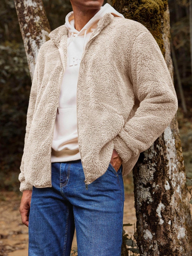 Runcati Mens Fuzzy Sherpa Jacket Cardigan Fleece Long Sleeve Full Zip Open Front Thermal Coat Fall Winter Outwear - Image 3