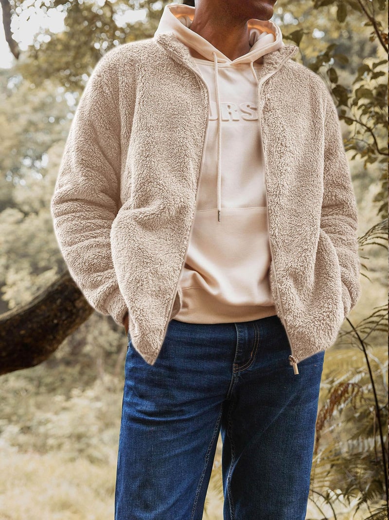 Runcati Mens Fuzzy Sherpa Jacket Cardigan Fleece Long Sleeve Full Zip Open Front Thermal Coat Fall Winter Outwear - Image 4