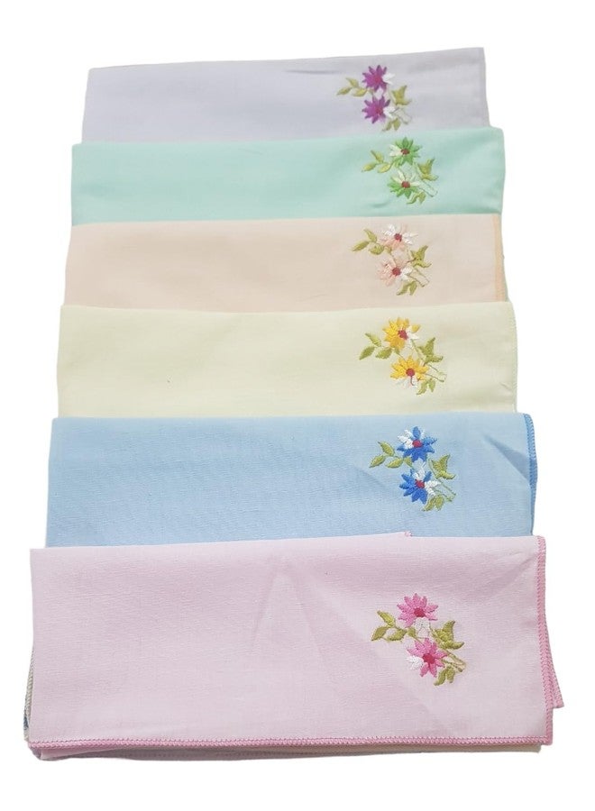 ANVIK Women/Lady Cotton Embroidery Floral Handkerchief .Hanky for Kids Girls for School Size 33cm by 33 cm (Multicolour) Pack of 6 (Multicolour) - Image 1