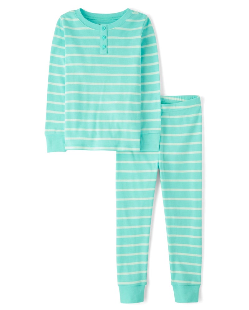 Gymboree,Unisex Kids,Gymmie Cotton Pajama Sets, Big Kid, Toddler, Baby,Turquoise Striped,18-24 Months - Image 1