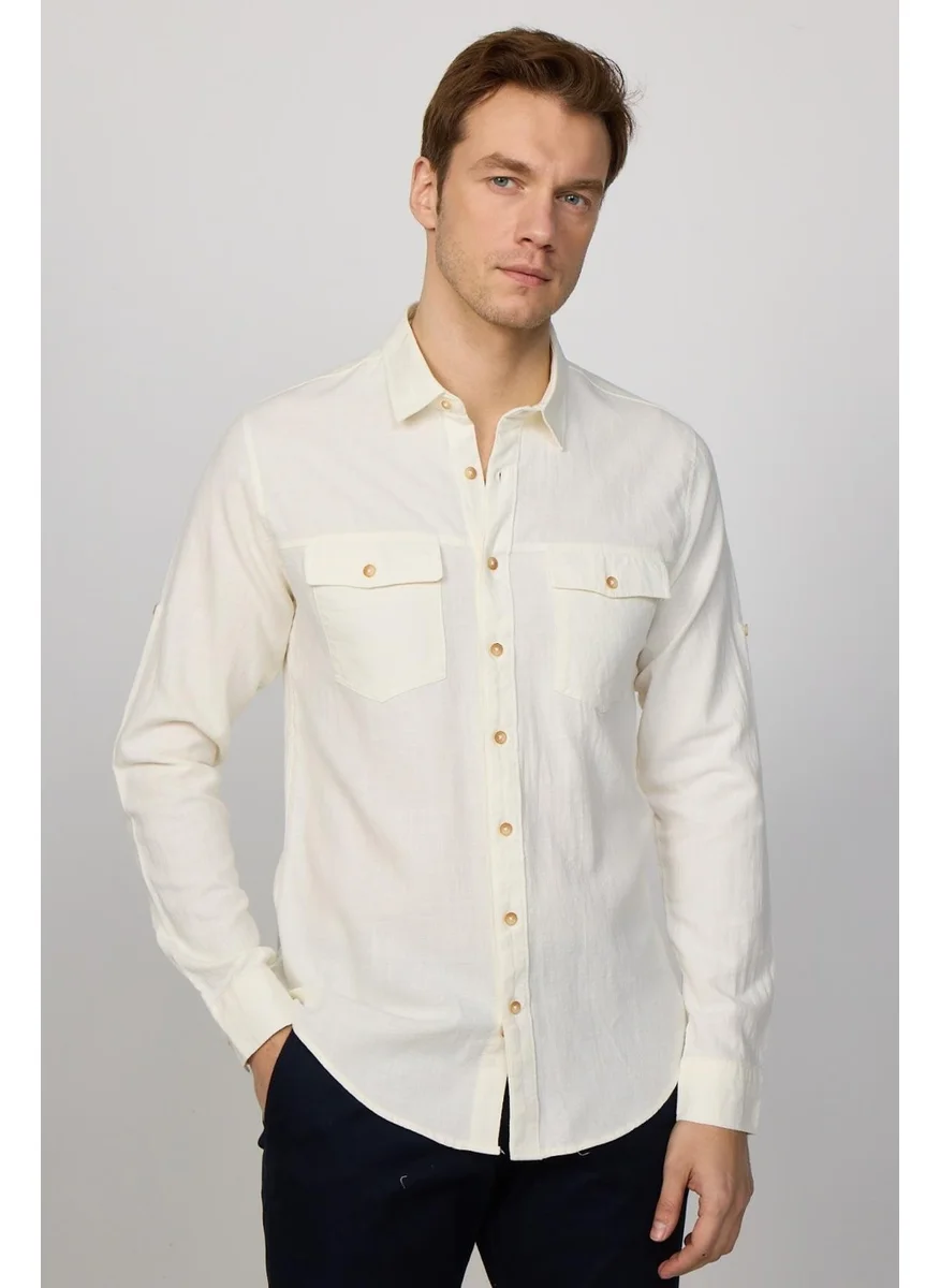 Tudors Slim Fit Long Sleeve Double Pocket Cotton Linen Sport Collar White Men's Shirt