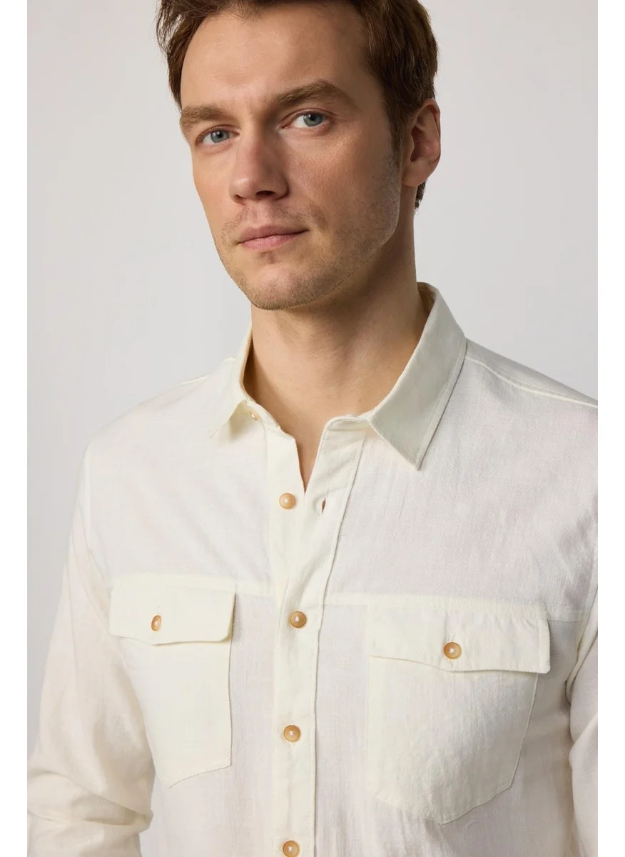 Tudors Slim Fit Long Sleeve Double Pocket Cotton Linen Sport Collar White Men's Shirt