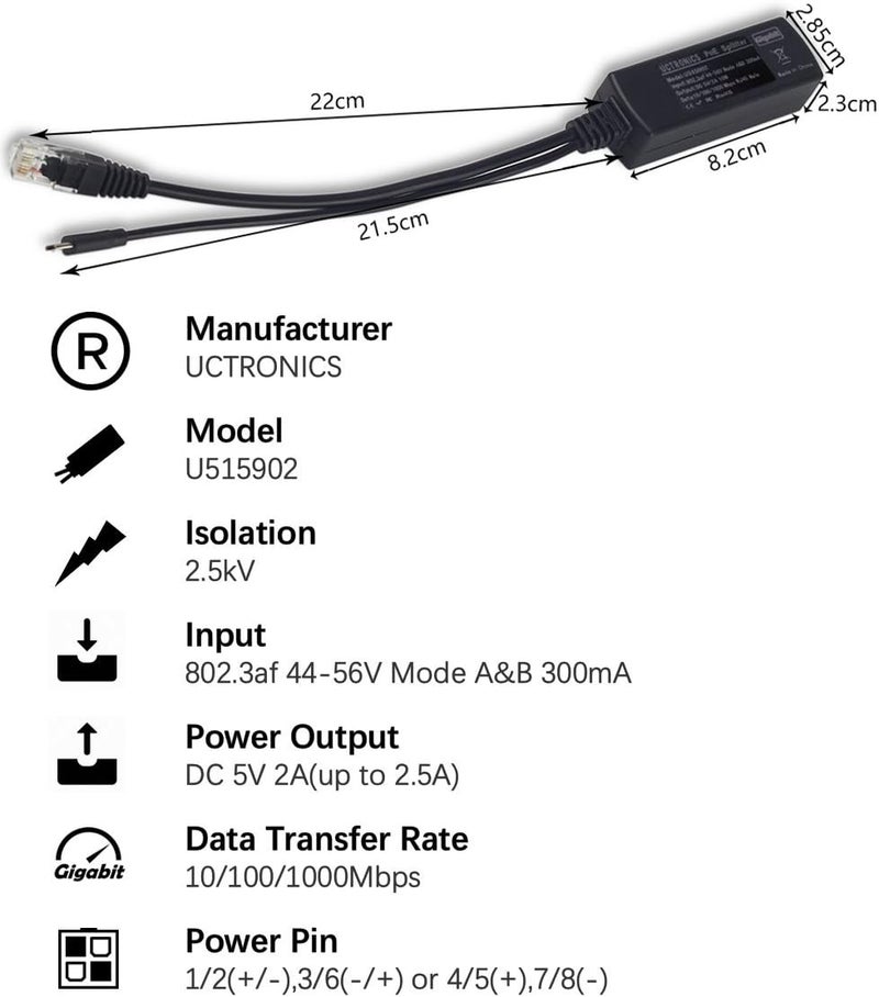 UCTRONICS PoE Splitter Gigabit 5V - Micro USB Power and Ethernet to Raspberry Pi 3B+, Work with Echo Dot, Most Micro USB Security Camera and Tablet - IEEE 802.3af Compliant - Image 4